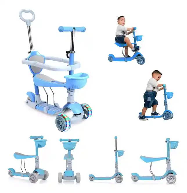 Patineta Scooter 5 En 1 Para Niños Con Sillita Azul