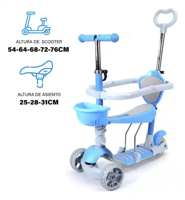 Patineta Scooter 5 En 1 Para Niños Con Sillita Azul