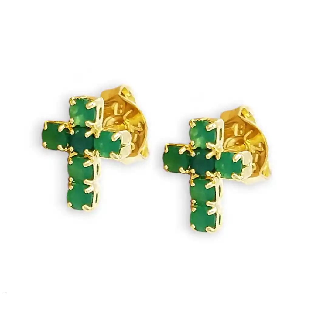 Topos Aretes Cruz Cristales Verdes Oro Laminado 18k