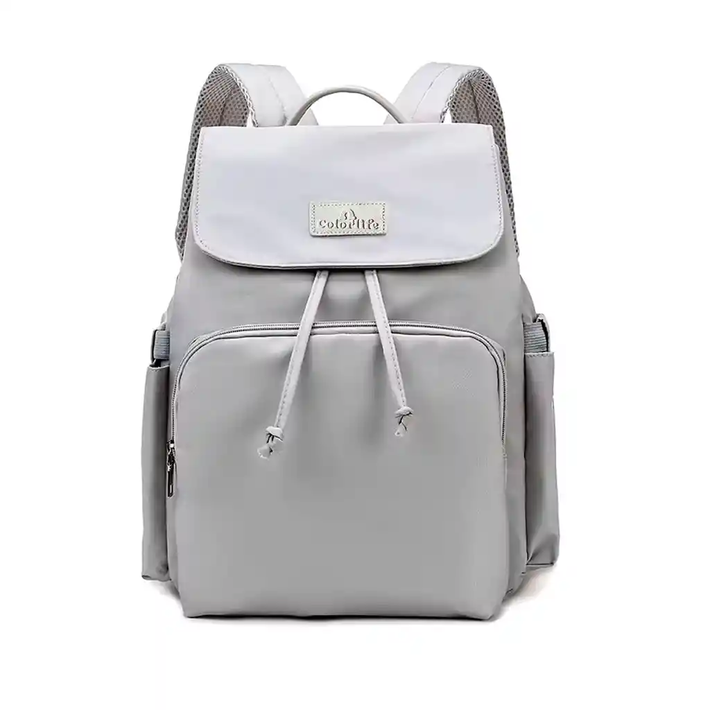 Pañalera Morral Multifuncional Gris Solapa Con Cierre De Cuerdas, Con Cierre Magnético Seguro, De Gran Capacidad , Hecha En Tela Resistente Al Agua Y Bolsillos Térmicos - Colorlife