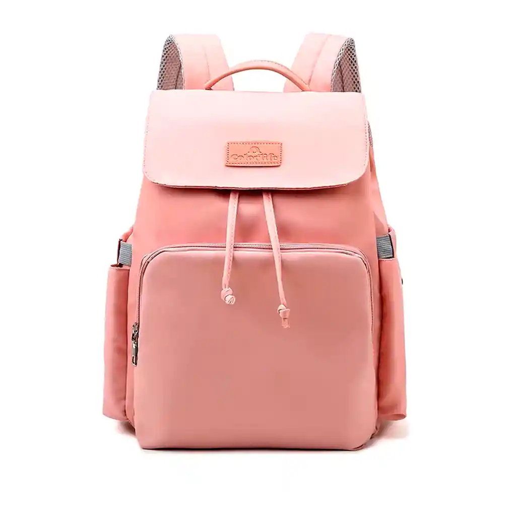 Pañalera Morral Multifuncional Rosada Solapa Con Cierre De Cuerdas, Con Cierre Magnético Seguro, De Gran Capacidad , Hecha En Tela Resistente Al Agua Y Bolsillos Térmicos - Colorlife