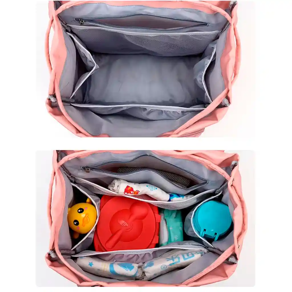 Pañalera Morral Multifuncional Rosada Solapa Con Cierre De Cuerdas, Con Cierre Magnético Seguro, De Gran Capacidad , Hecha En Tela Resistente Al Agua Y Bolsillos Térmicos - Colorlife