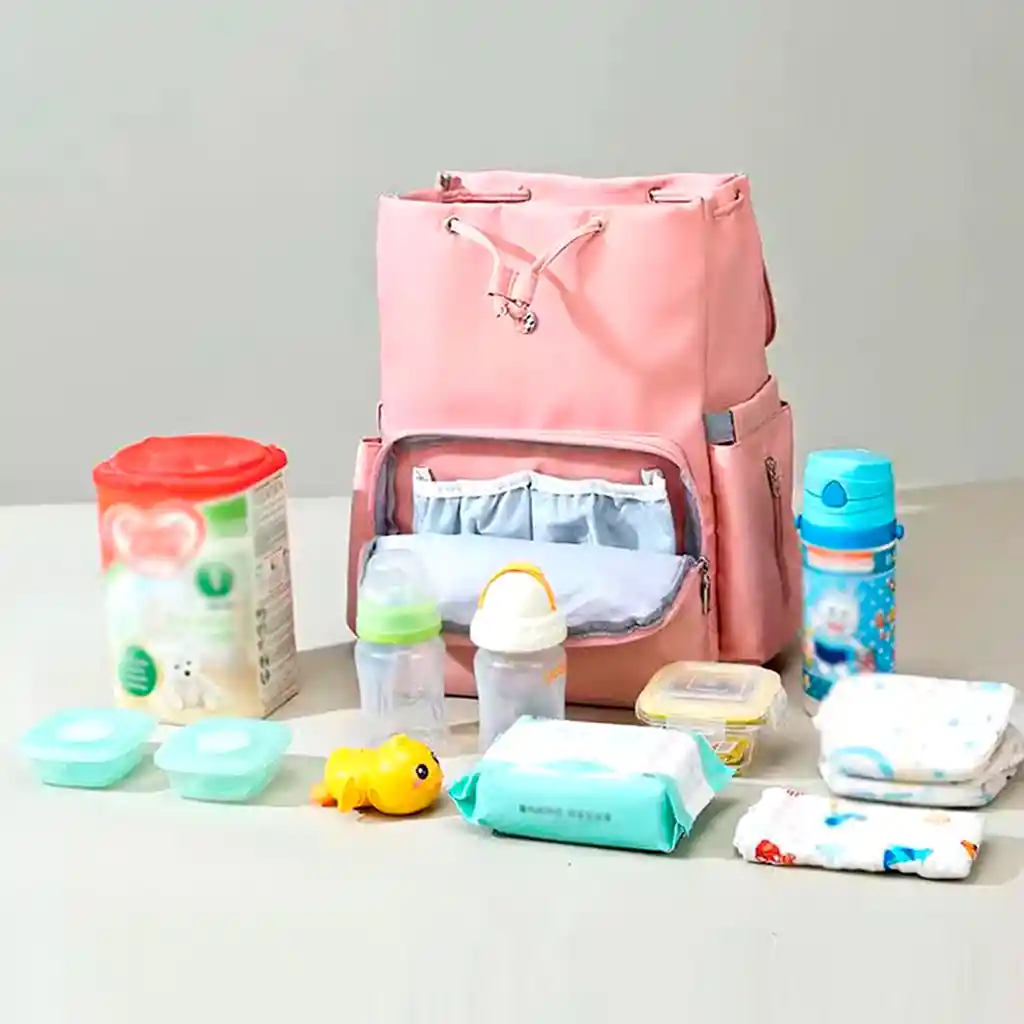 Pañalera Morral Multifuncional Rosada Solapa Con Cierre De Cuerdas, Con Cierre Magnético Seguro, De Gran Capacidad , Hecha En Tela Resistente Al Agua Y Bolsillos Térmicos - Colorlife