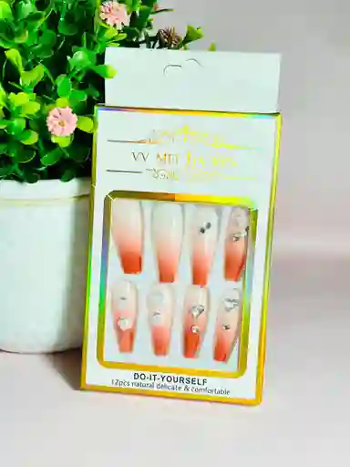 Kit Completo De Uñas Postizas Minimalista Con Pedreria Rositas - Uñas Press On Con Adhesivo - Ref 1