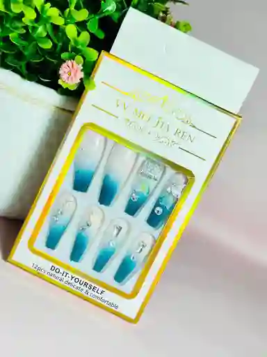 Kit Completo De Uñas Postizas Minimalista Con Pedreria Aguamarina - Uñas Press On Con Adhesivo - Ref 2