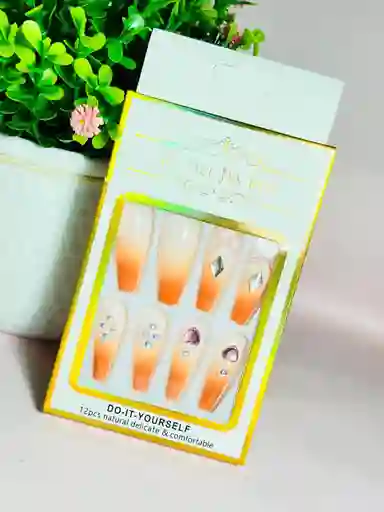 Kit Completo De Uñas Postizas Minimalista Con Pedreria Naranja - Uñas Press On Con Adhesivo - Ref 3