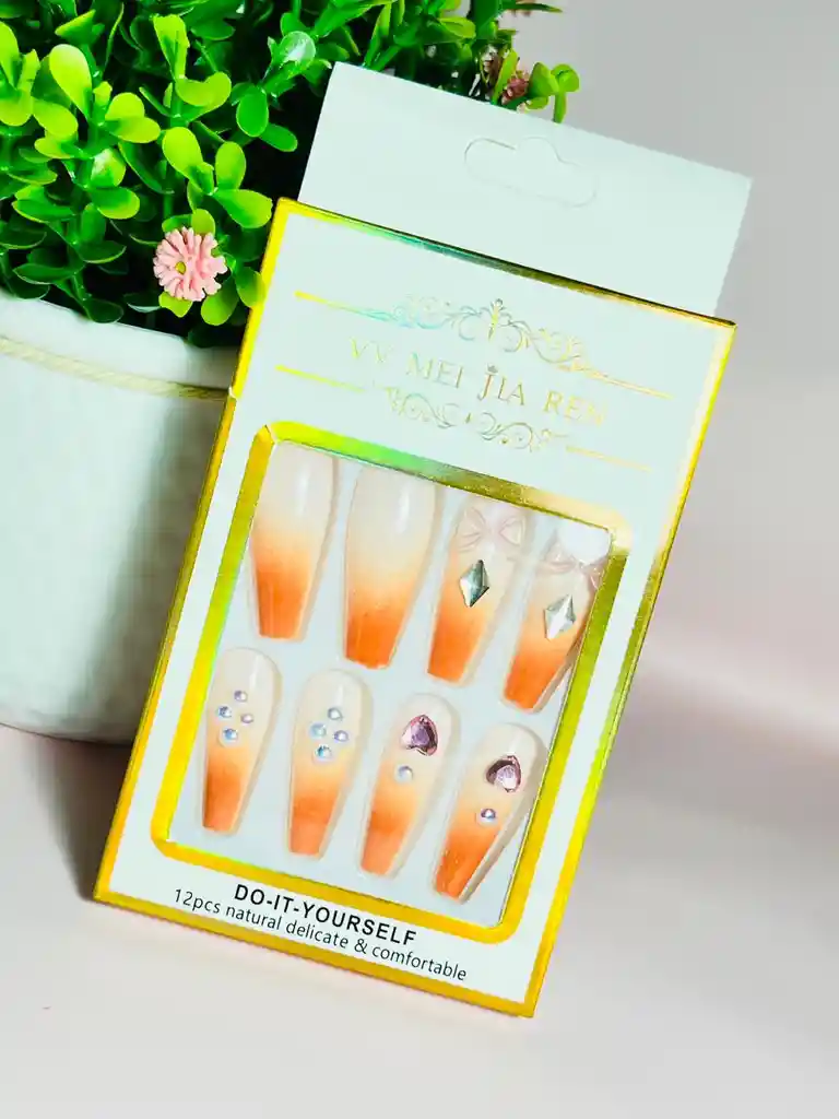 Kit Completo De Uñas Postizas Minimalista Con Pedreria Naranja - Uñas Press On Con Adhesivo - Ref 3