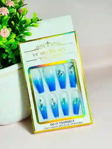 Kit Completo De Uñas Postizas Minimalista Con Pedreria Azul Rey - Uñas Press On Con Adhesivo - Ref 5