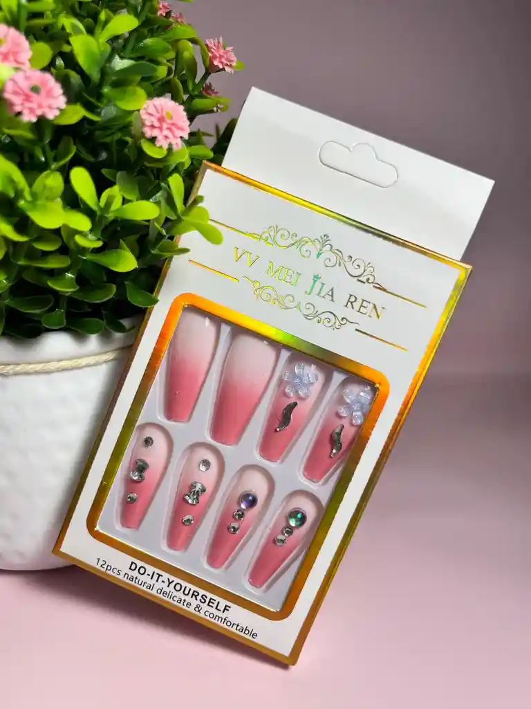 Kit Completo De Uñas Postizas Minimalista Con Pedreria Rosado - Uñas Press On Con Adhesivo - Ref 9