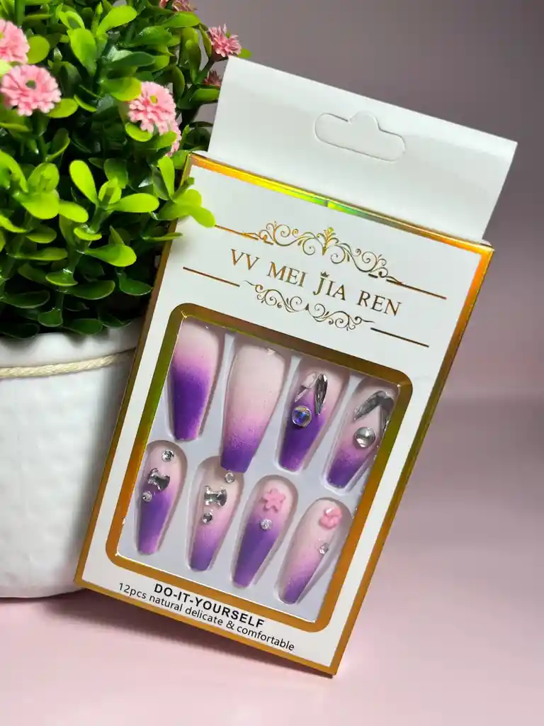 Kit Completo De Uñas Postizas Minimalista Con Pedreria Morado Rosa - Uñas Press On Con Adhesivo - Ref 11