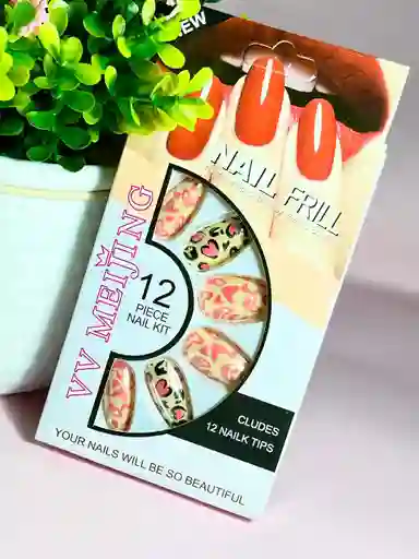 Kit Completo De Uñas Postizas Minimalista En Forma De Almendra Animal Print Rosa Negro - Uñas Press On Con Adhesivo - Ref 4