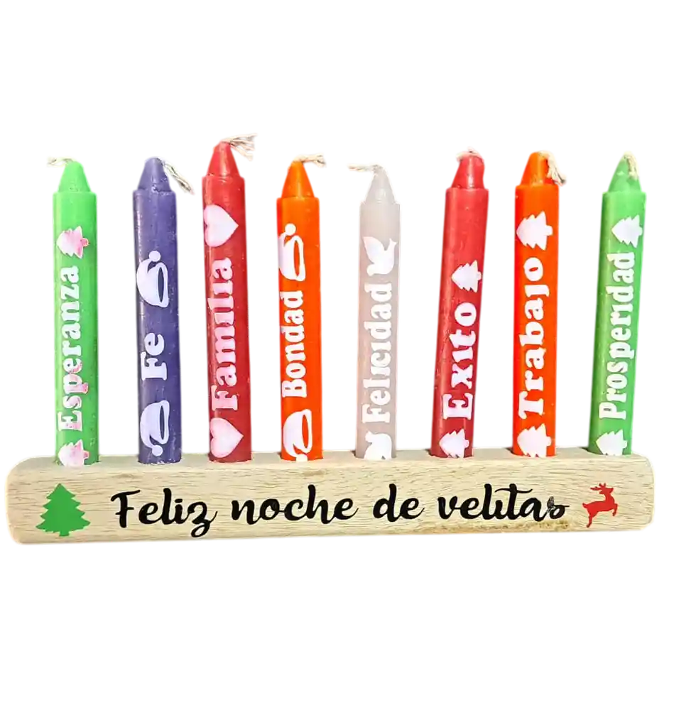 Set Porta Velas Navideño En Madera +10 Velas Personalizadas