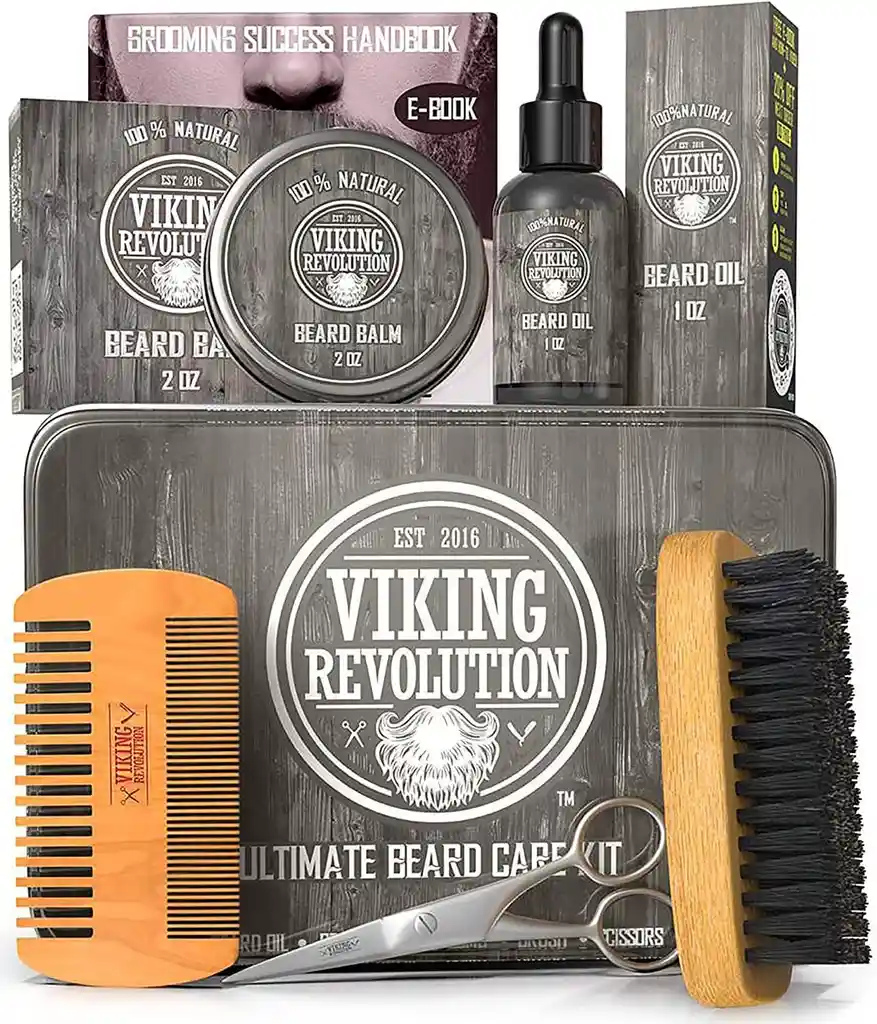 Kit Cuidado Barba Cepillo Aceite Cera Peine Tijeras Viking Revolution