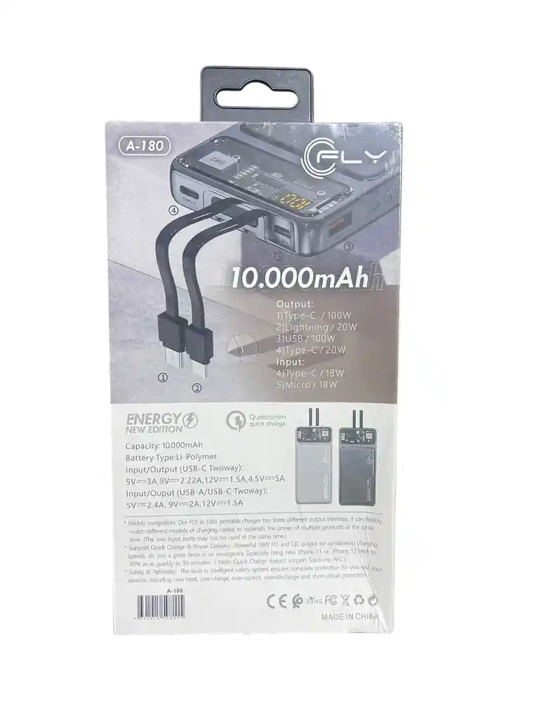 Power Bank Fly A-180 De 10,000mah Con Carga Rápida Y Multifuncional