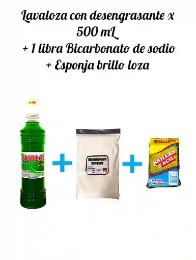 Combo Lavaloza-desengrasante X 500ml + Bicarbonato De Sodio X Lb + Esponja Loza
