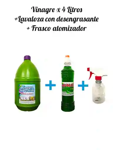 Combo Vinagre Industrial X 4 L+ Lavaloza-desengrasante X 500 Ml + Frasco Atomizador