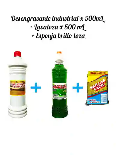 Combo Desengrasante Industrial X 500 Ml + Lavaloza Liquido X 500 Ml + Esponja Loza