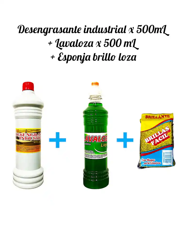 Combo Desengrasante Industrial X 500 Ml + Lavaloza Liquido X 500 Ml + Esponja Loza