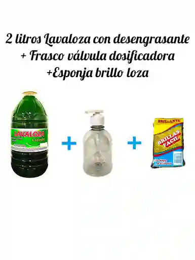 Combo Lavaloza-desengrasante Biodegradable X 2l + Frasco Dispensador + Esponja Loza