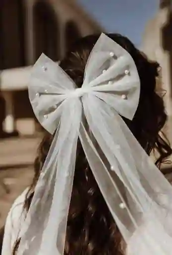 Moño Lazo Para Cabello De Perlas Con Hebilla Blanco