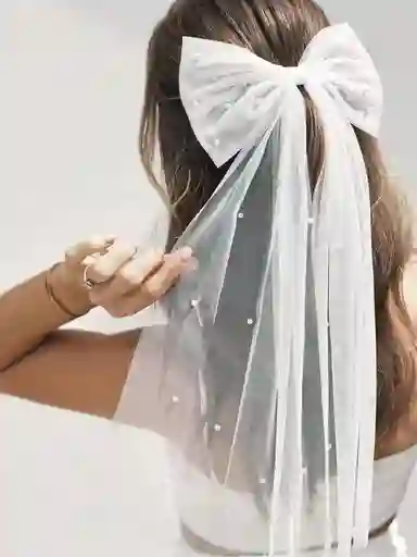 Moño Lazo Para Cabello De Perlas Con Hebilla Blanco
