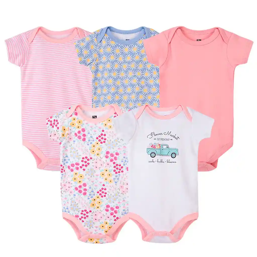 Set De 3 A 6 Meses De Mamelucos X5 Carrito Con Flores Rosa, Cinco Mamelucos De Manga Corta, Con Diferentes Diseños Y Colores, Tela Transpirable Y Antialérgica - Hudson Baby