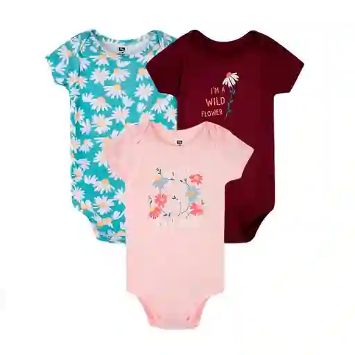 Set De 9 A 12 Meses De Mamelucos X3 Flores Rosa Y Vinotinto, Paquete De Tres Mamelucos De Manga Corta, Con Diferentes Diseños Y Colores, Tela Transpirable Y Antialérgica - Hudson Baby