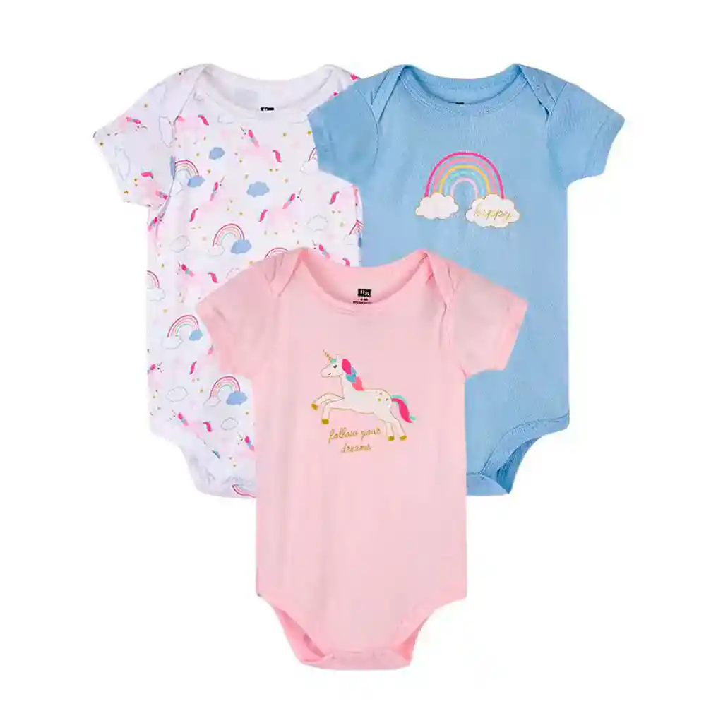 Set De 3 A 6 Meses De Mamelucos X3 Unicornios Rosa Y Blanco, Paquete De Tres Mamelucos De Manga Corta, Con Diferentes Diseños Y Colores, Tela Transpirable Y Antialérgica - Hudson Baby