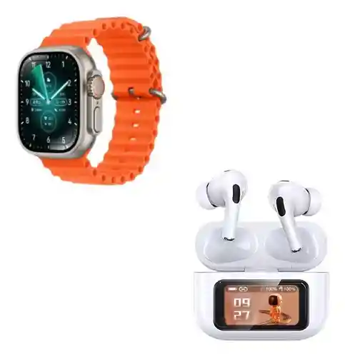 Combo Reloj Watch Hk 2 Ultra Audífonos Orange