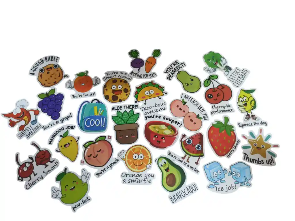 Pegatinas Alimentos Con Letras Stickers Calcomanias Adhesivos Coleccion X25 Unid