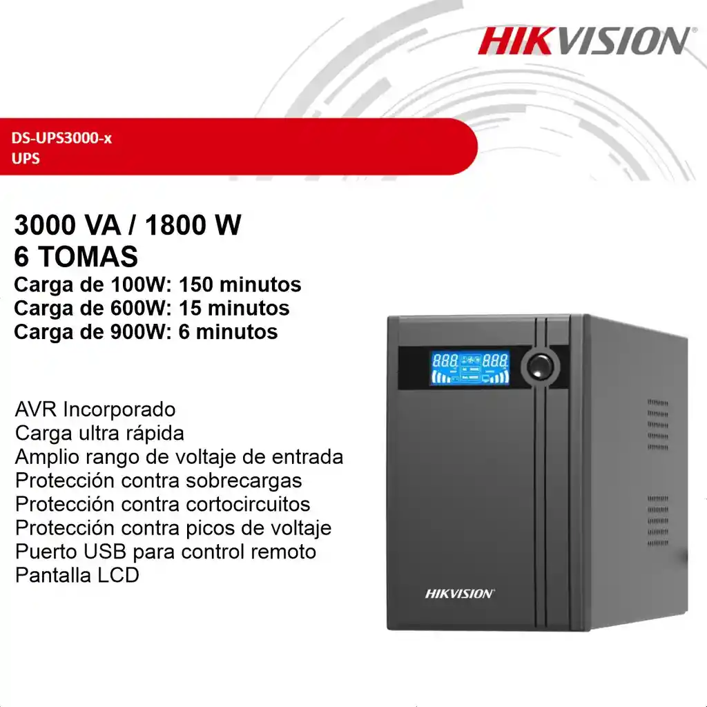 Ups Hikvision Ds-ups3000, 3000va/1800w, 6 Tomas, Display Lcd