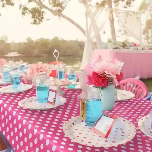 Mantel Plástico Reutilizable Fucsia Con Puntos Blancos
