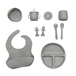 Kit Alimentación Vajilla Silicona Bebe 12 Pzas Con Tapa Gris