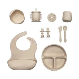 Kit Alimentación Vajilla Silicona Bebe 12 Pzas Con Tapa Beige