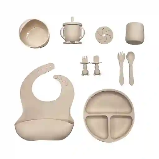 Kit Alimentación Vajilla Silicona Bebe 12 Pzas Con Tapa Beige