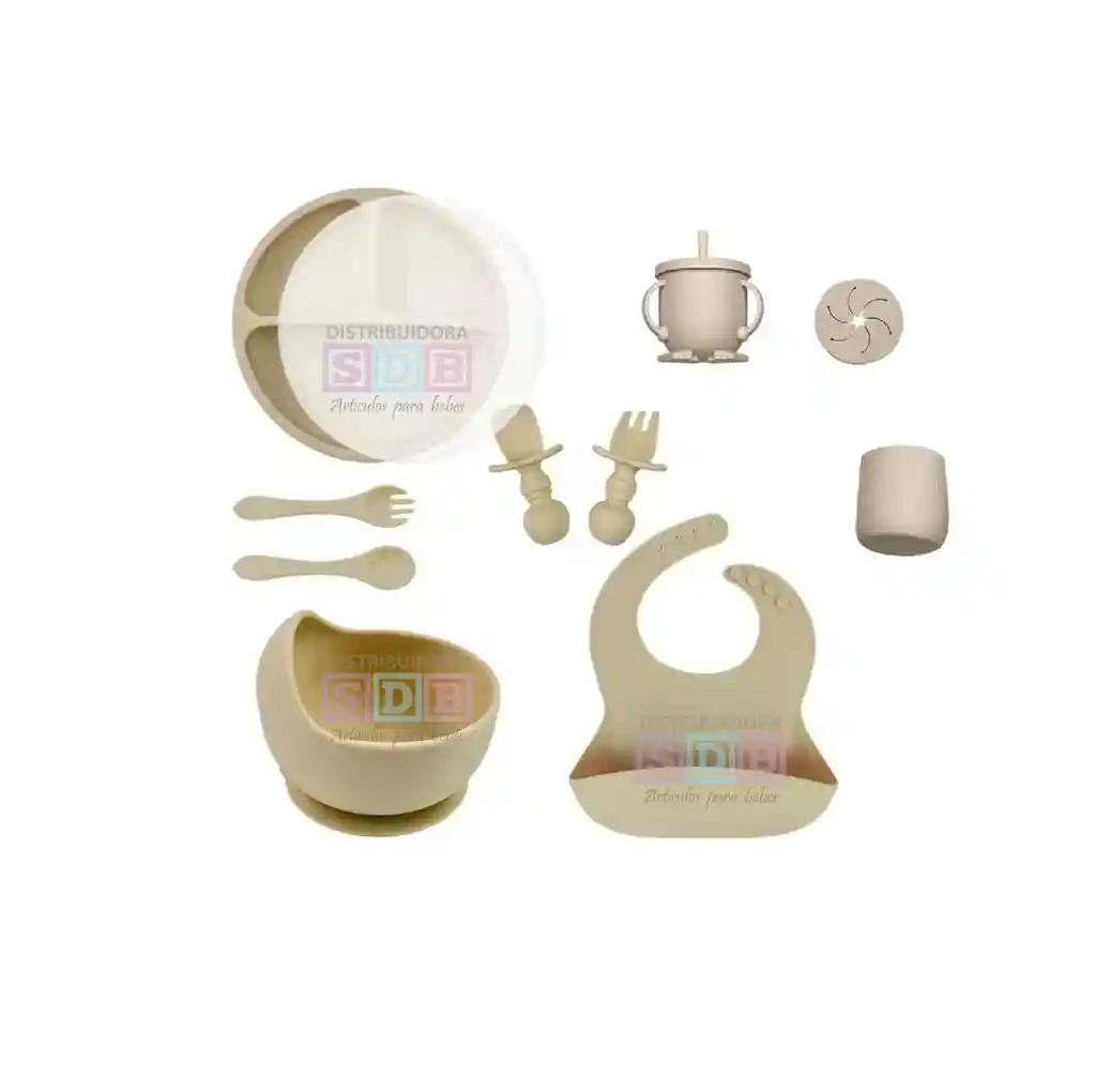 Kit Alimentación Vajilla Silicona Bebe 12 Pzas Con Tapa Beige