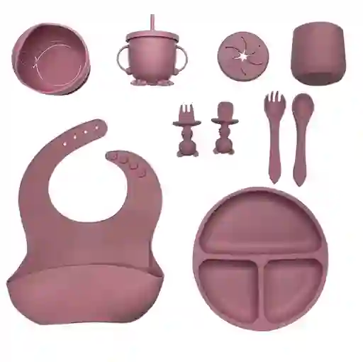 Kit Alimentación Vajilla Silicona Bebe 12 Pzas Con Tapa Rosa