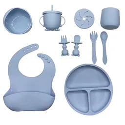 Kit Alimentación Vajilla Silicona Bebe 12 Pzas Con Tapa Azul