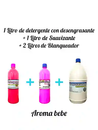 Combo Detergente Ropa Con Desengrasante X 1l + Suavizante X 1l Aroma Bebé + Cloro X 2l