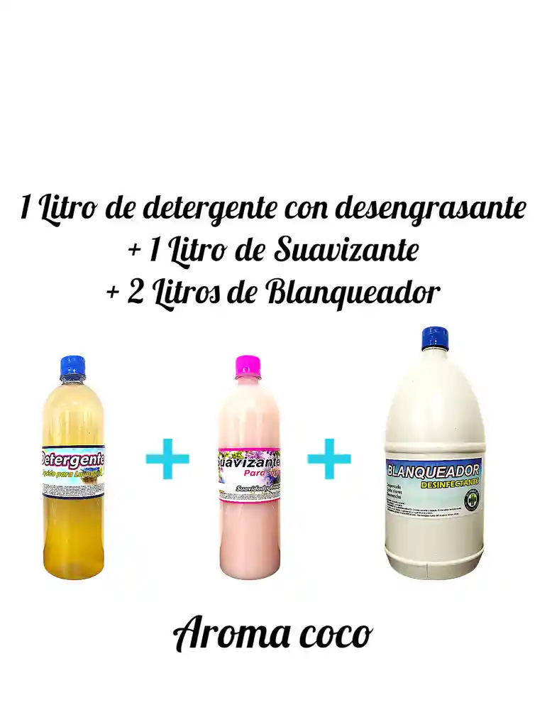 Combo Detergente Ropa Con Desengrasante X 1l + Suavizante X 1l Aroma Coco + Cloro X 2l