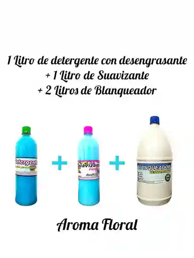Combo Detergente Ropa Con Desengrasante X 1l + Suavizante X 1l Aroma Floral + Cloro X 2l