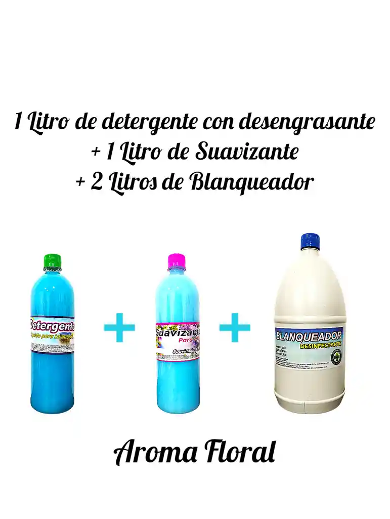 Combo Detergente Ropa Con Desengrasante X 1l + Suavizante X 1l Aroma Floral + Cloro X 2l