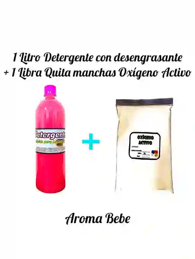 Combo Detergente Ropa Con Desengrasante X 1l Aroma Bebé + Quitamanchas Ropa Blanca Oxigeno Activo X Lb