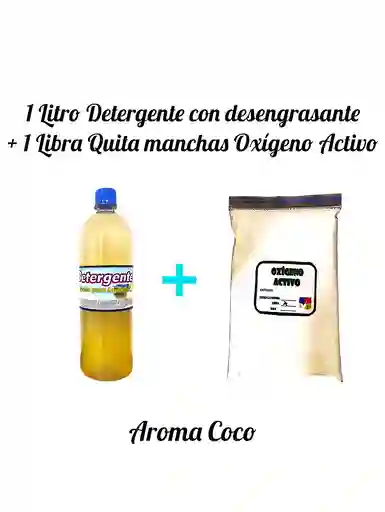 Combo Detergente Ropa Con Desengrasante X 1l Aroma Coco + Quitamanchas Ropa Blanca Oxigeno Activo X Lb