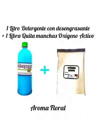 Combo Detergente Ropa Con Desengrasante X 1l Aroma Floral + Quitamanchas Ropa Blanca Oxigeno Activo X Lb