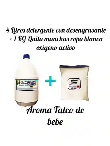 Combo Detergente Ropa Con Desengrasante X 4l Aroma Bebé + Quitamanchas Ropa Blanca Oxigeno Activo X Kg