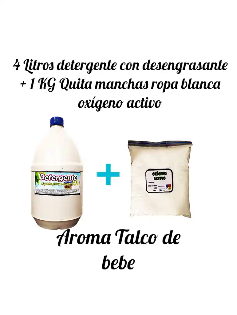 Combo Detergente Ropa Con Desengrasante X 4l Aroma Bebé + Quitamanchas Ropa Blanca Oxigeno Activo X Kg