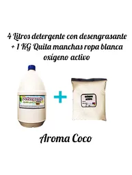 Combo Detergente Ropa Con Desengrasante X 4l Aroma Coco + Quitamanchas Ropa Blanca Oxigeno Activo X Kg