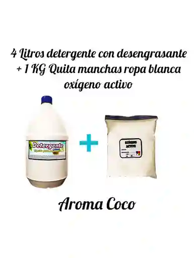 Combo Detergente Ropa Con Desengrasante X 4l Aroma Coco + Quitamanchas Ropa Blanca Oxigeno Activo X Kg
