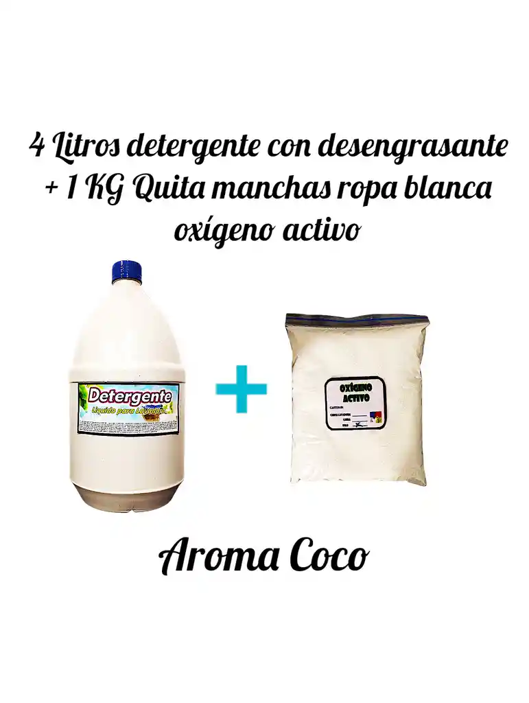 Combo Detergente Ropa Con Desengrasante X 4l Aroma Coco + Quitamanchas Ropa Blanca Oxigeno Activo X Kg